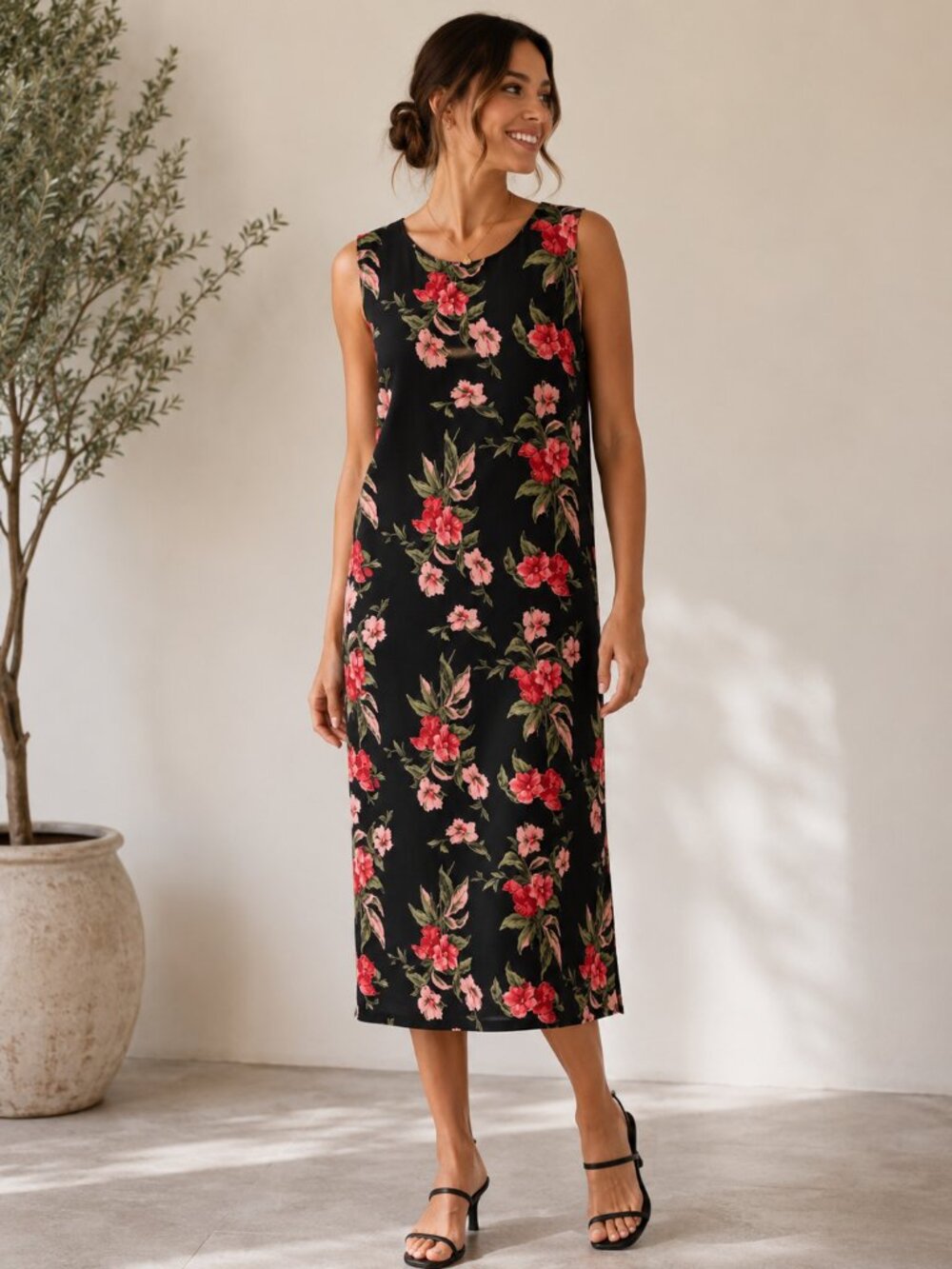 Vintage 90's JM Collection Black Pink Red Floral Midi Dress Sleeveless
